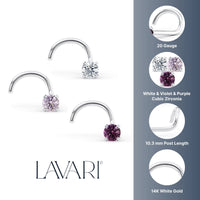14K Purple CZ Curved Nose Ring - 20G