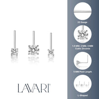 14K Gold L-Shaped Cubic Zirconia Nose Ring Set - 22G