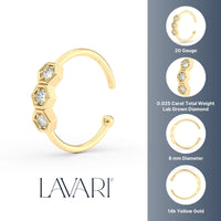 14K Gold Hexagon 0.025 Carat Lab Grown Diamond Nose Hoop - 20G