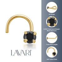14K Gold Screw Black Diamond Nose Ring - 22G