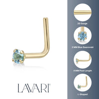 14K L-Shaped Crystal Nose Ring - 20G