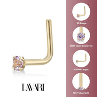 14K L-Shaped Crystal Nose Ring - 20G