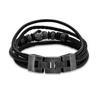 Skull Multi-Strand Bracelet in Black Genuine Leather and Black, 10 IN