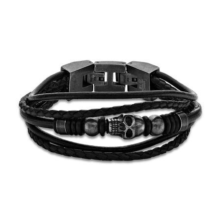 Skull Multi-Strand Bracelet in Black Genuine Leather and Black, 10 IN