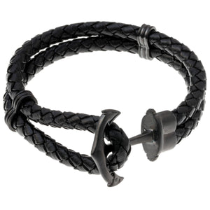 Anchor Bracelet in Braided Black Leather and Black Ion-Plated Stainless Steel