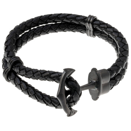 Anchor Bracelet in Braided Black Leather and Black Ion-Plated Stainless Steel