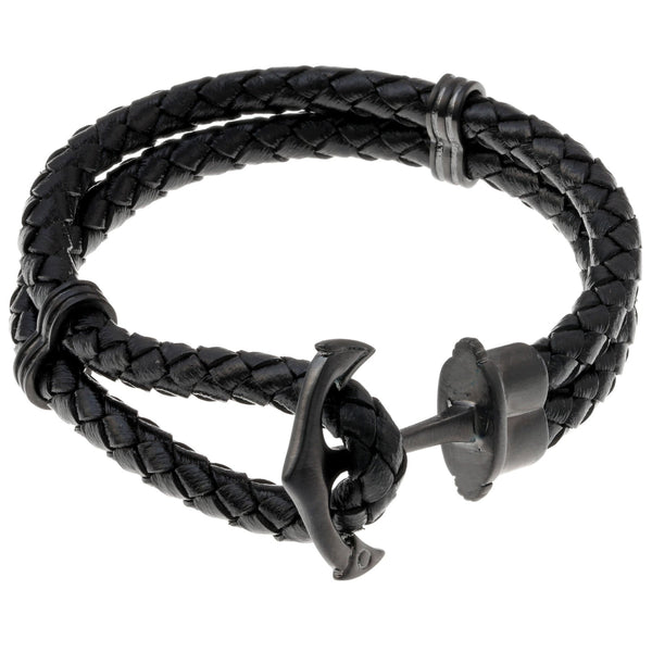 Anchor Bracelet in Braided Black Leather and Black Ion-Plated Stainless Steel