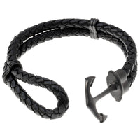 Anchor Bracelet in Braided Black Leather and Black Ion-Plated Stainless Steel