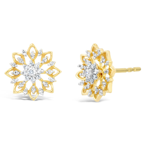 0.125 cttw Natural Diamond Snowflake Stud Earring in Yellow Gold Plated Sterling Silver