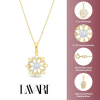 0.125 cttw Natural Diamond Snowflake Pendant in Yellow Gold Plated Sterling Silver, 18"