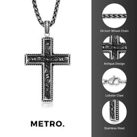 Engraved Scroll Cross Pendant in Antique Finish Stainless Steel