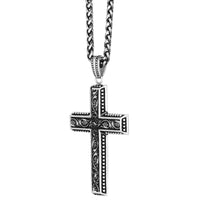 Engraved Scroll Cross Pendant in Antique Finish Stainless Steel