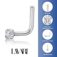 14K Gold L-Shaped Diamond Nose Ring - 20G