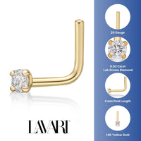 14K Gold L-Shaped Diamond Nose Ring - 20G