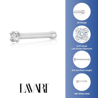 14K Gold Straight Bone Lab Grown Diamond Nose Ring - 20G