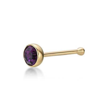 14K Stragiht Bone Purple Crystal Nose Stud - 20G