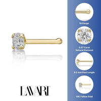 14K Gold Straight Bone Diamond Nose Ring - 18G
