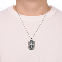 Lion's Head Dog Tag Pendant with 0.018 cttw Black Diamonds in Sterling Silver, 24"