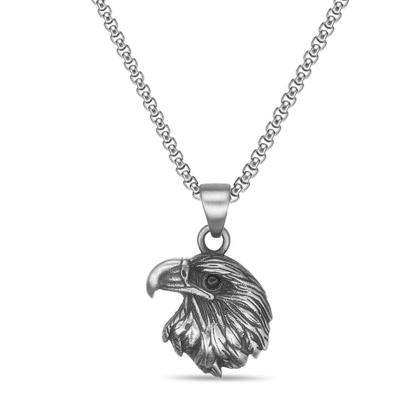 Eagle Head Pendant with Black Agate in Antique Finish Stainless Steel