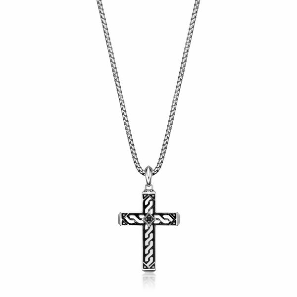 Men's Black Spinel Cross Pendant in Sterling Silver