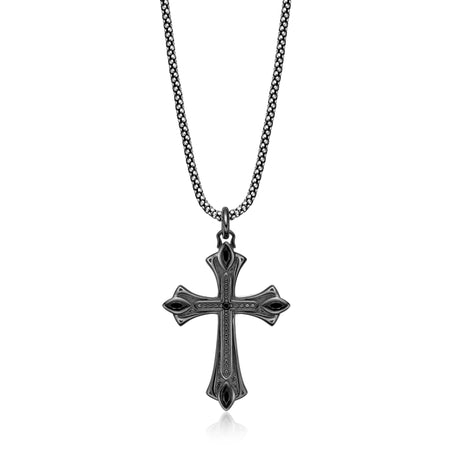 Men's Black Spinel Gothic Cross Pendant in Sterling Silver