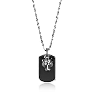 Tiger's Head Black Agate Dog Tag Pendant in Sterling Silver, 24"