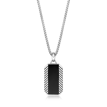 Chevron Black Onyx Dog Tag Pendant in Sterling Silver, 24"
