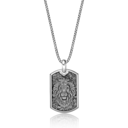 Lion's Head Dog Tag Pendant with 0.018 cttw Black Diamonds in Sterling Silver, 24"