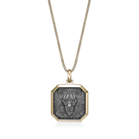 Lion's Head Medalion Pendant with 0.018 cttw Black Diamond in Yellow Gold Plated Sterling Silver, 24"