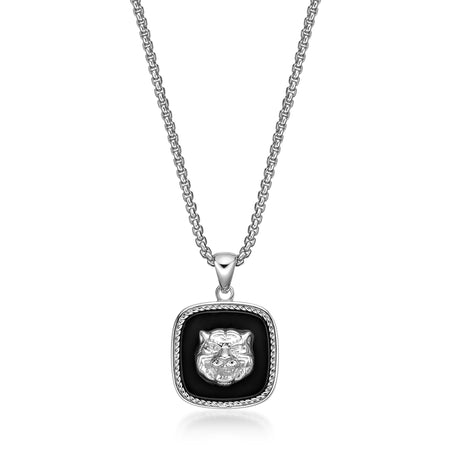 Lion's Head Medallion Pendant with Black Agate in Sterling Silver, 24"