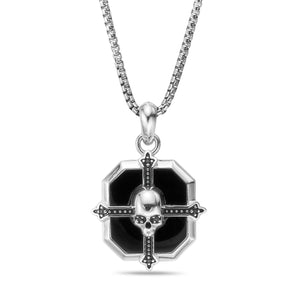 Cross Medalion Skull Pendant in Sterling Silver and Black Onyx, 24"