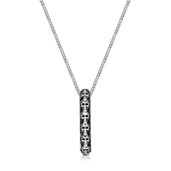 Vertical Bar Skull Pendant in Sterling Silver and Black Agate, 24"