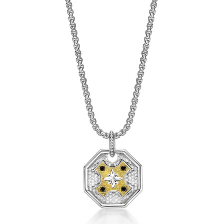 Men's Two-Tone Black Spinel Medallion Pendant in Sterling Silver
