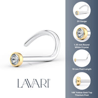Titanium White Crystal Curved Nose Ring with 14K Gold - 20G