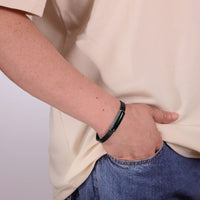 Black Leather Bracelet with Black Agate Bar in Sterling Silver, 8.5"