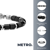 Black Agate Hexagon Chunky Beaded Bracelet in Sterling Silver, 8"