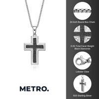 0.50 cttw Black Diamond Cross Pendant in Sterling Silver, 24"