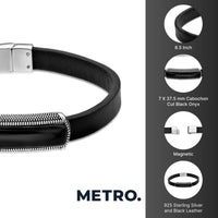 Black Leather Bracelet with Black Agate Bar in Sterling Silver, 8.5"