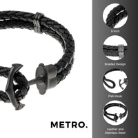 Anchor Bracelet in Braided Black Leather and Black Ion-Plated Stainless Steel