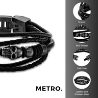 Skull Multi-Strand Bracelet in Black Genuine Leather and Black, 10 IN