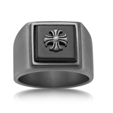 Cross Signet Ring in Matte Gray Ion Plated Stainless Steel