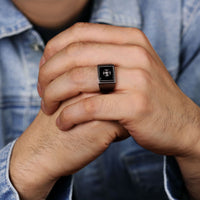 Cross Signet Ring in Matte Gray Ion Plated Stainless Steel
