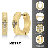 Faceted Cross Hoop Earring in Gold Ion Plated Stainless Steel