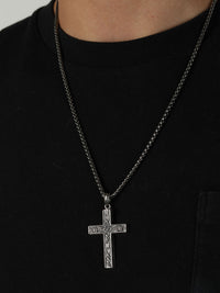 Engraved Scroll Cross Pendant in Antique Finish Stainless Steel