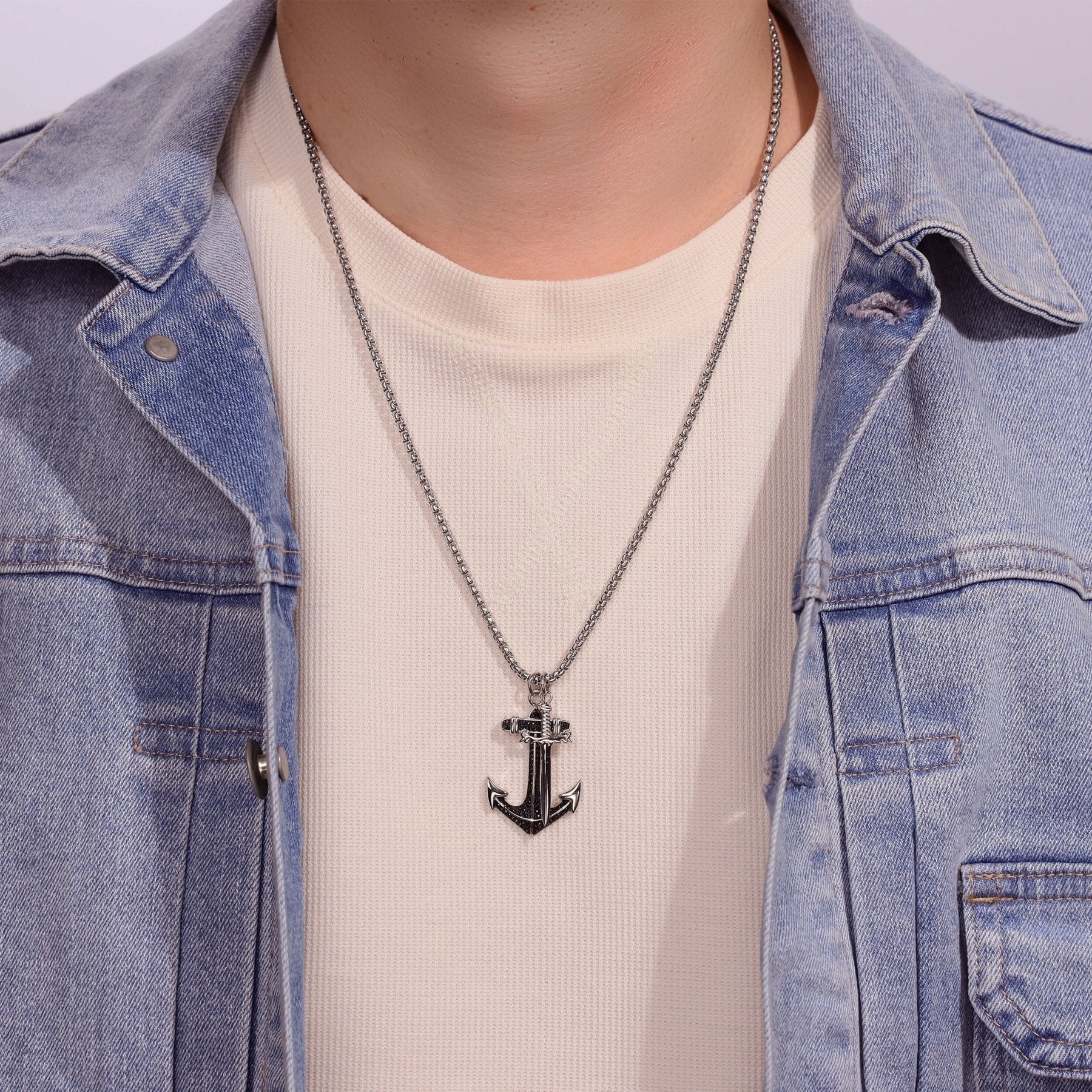 Anchor and Sword Pendant in Black Cubic Zirconia Stainless Steel