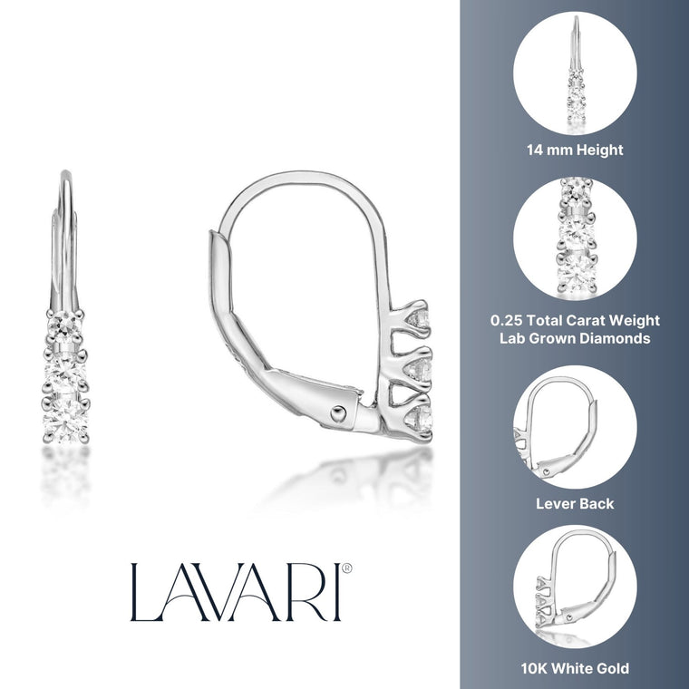 0.25 Carat Lab Grown Diamond Three Stone Dangle Earrings for Women in 10k White Gold (G-H, VS2-SI1) Lever Back 