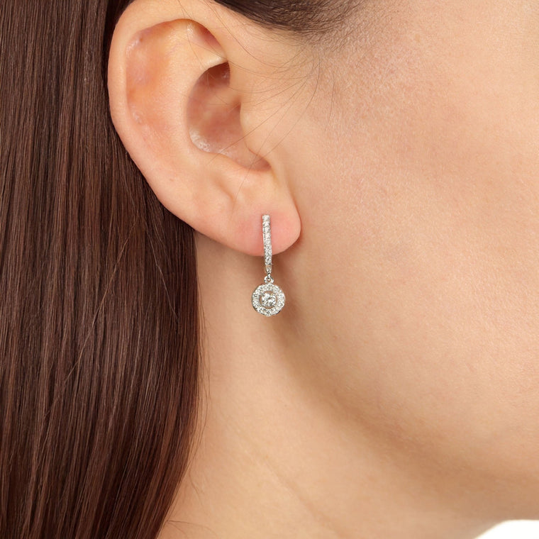 0.50 Carat Lab Grown Diamond Round Halo Dangle Earrings for Women in 14k White Gold (G-H, VS2-SI1) Hinged Hoop 