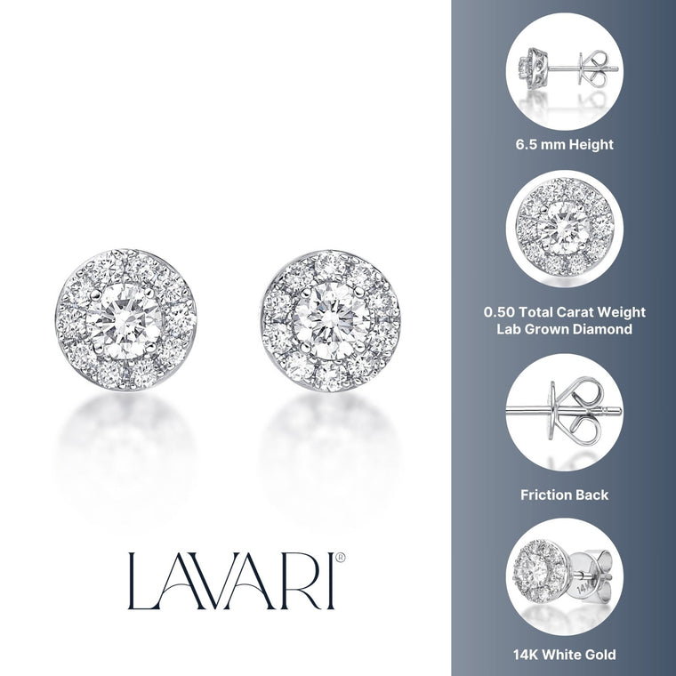 0.50 Carat Lab Grown Diamond Round Halo Stud Earrings for Women in 14k White Gold (G-H, VS2-SI1) Post With Friction Back 