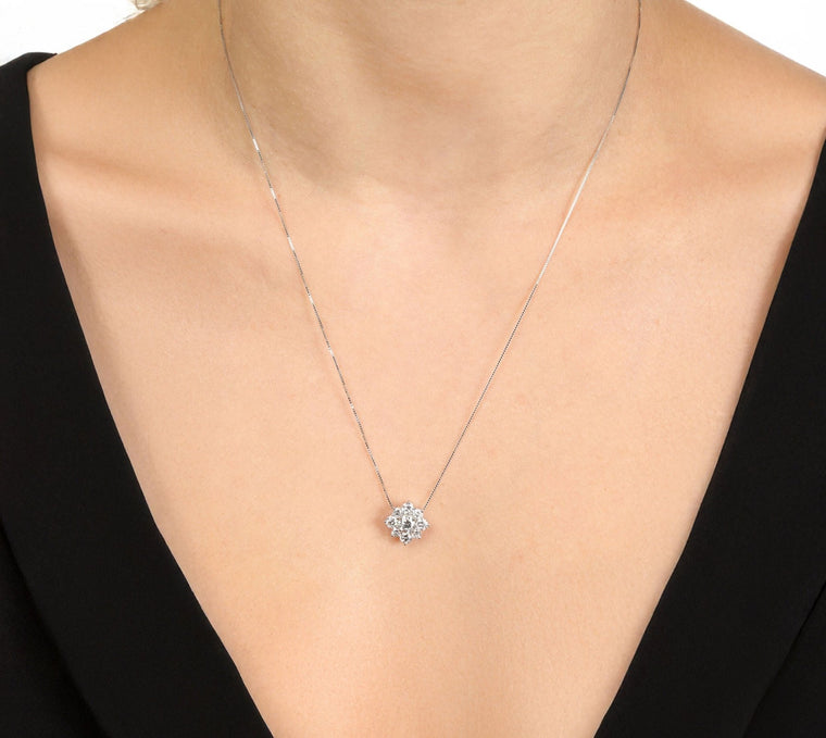 1.00 Carat Lab Grown Diamond Flower Pendant Necklace for Women in 14k White Gold on 18 Inch Chain (G-H, I1-I2) Spring Ring 