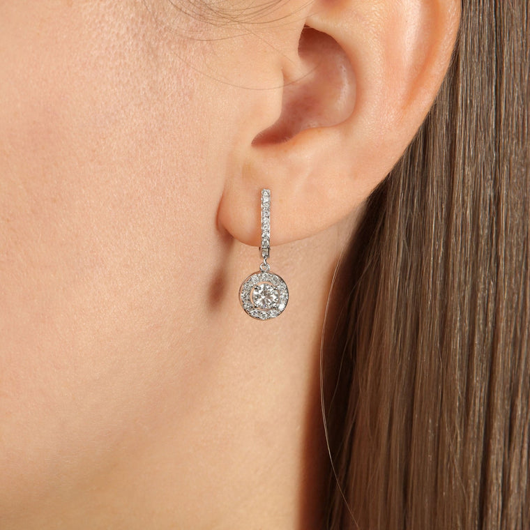 1.00 Carat Lab Grown Diamond Round Halo Dangle Earrings for Women in 14k White Gold (G-H, VS2-SI1) Hinged Hoop 